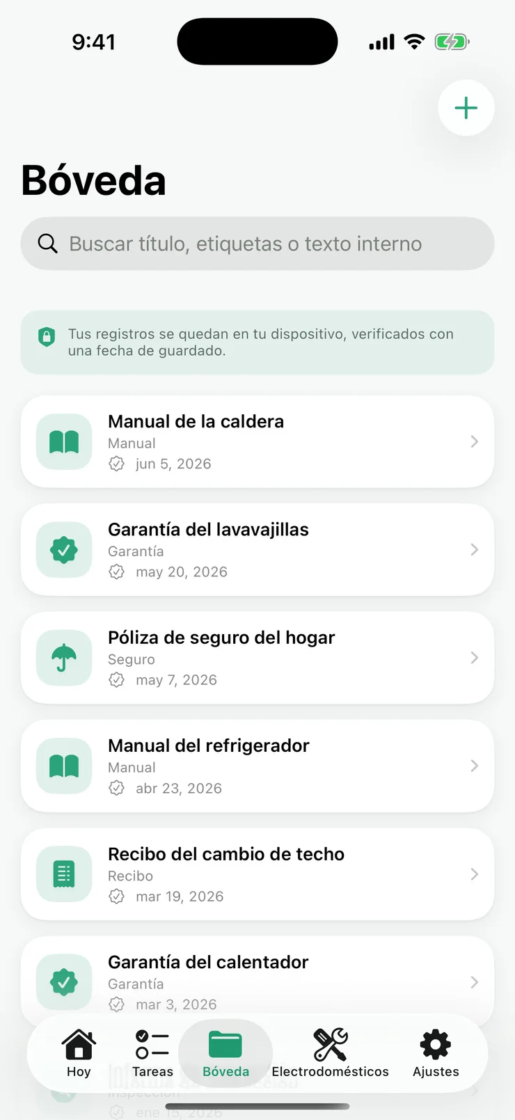 Cada manual, garantía y recibo, con búsqueda hasta la palabra.